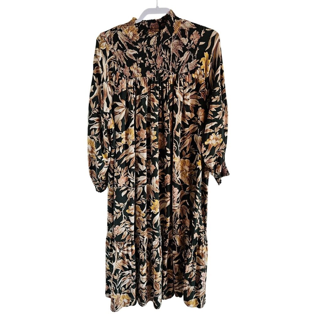 H&M Woman SZ 10 Maxi Dress Smocked Front/Sleeves Layered Skirt Relax Fit Floral